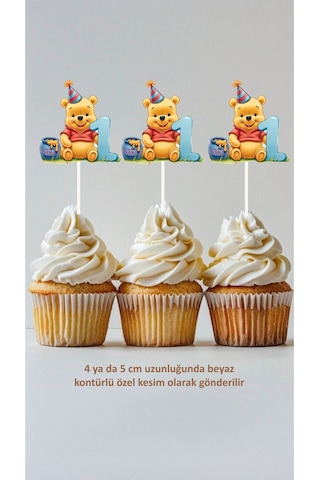 Yı Winnnie The Pooh 1 Yaş Temalı Konsept Kürdanlı Cupcake Süsü Doğum Günü Süsü 20'li Kalın Çok Renkli