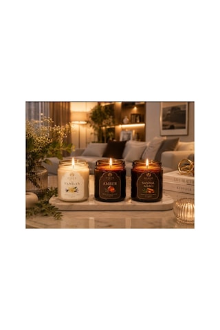 Premium Kokulu Mum 3'lü Set Vanilya Amber Sandal Ağacı El Yapımı Dekoratif Mum 3x150 G Beyaz