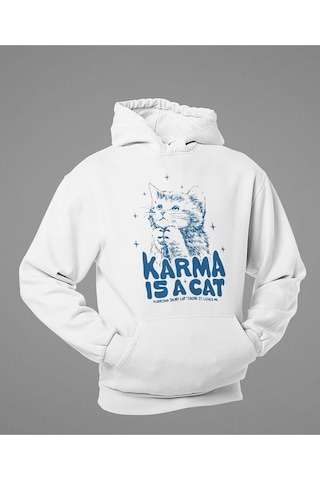 Karma Is A Cat Yazılı Unisex Oversize Taylor Swift Hoodie Beyaz