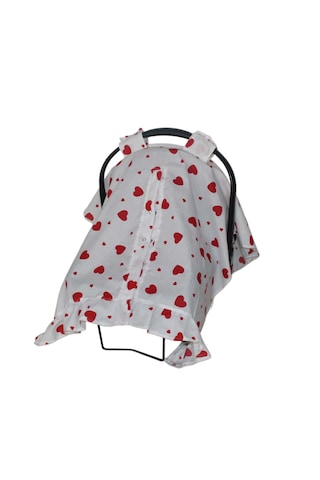 Bebek Puset Örtüsü Kalpli Puset Örtüsü Pamuklu Kumaş Fırfır Detay Çıt Çıtlı Puset Örtüsü Beyaz - Kırmızı