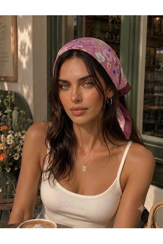Trend Dokunuş Kadın 50-50 Saten Çiçek Bahçesi Fular Bandana Bordo - Pembe