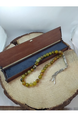 Yeşil Damarlı Akik Taşı Tespih Ahşap Kutulu / 10 MM Doğaltaş Tesp