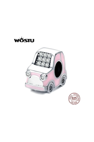 Wostu Güzel 100% 925 Ayar Gümüş Pembe Araba Boncuk Zirkonya Charm Fit Orijinal Bilezik Kolye Pembe