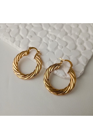 Lente Aksesuar Gold Çelik Işıltılı Çizgili Model Vintage Kadın Halka Küpe Altın