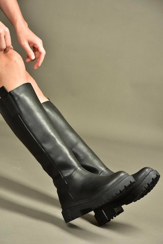 Fox Shoes V973555509 Siyah Cilt Düz Tabanlı Kadın Binici Çizmesi Siyah Mat