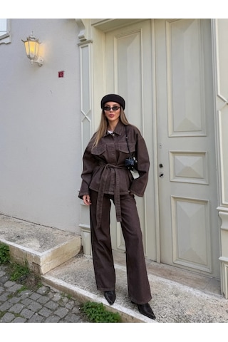 Mürdüm Bağlamalı Denim Ceket Pantolon Takım