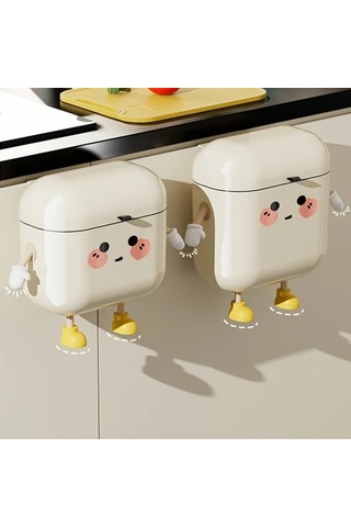 Honeybeeshop Sevimli Çizgi Film Tasarımlı 9l Asma Mutfak Çöp Kutusu Duvar Montaj Büyük Kapasiteli Koku Saklayan Su Geçirmez Plastik 10l Siyah