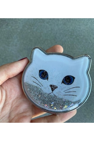 Kedi Tasarımlı Simli Sulu Kozmetik Cep Çanta Aynası Kapaklı El Makyaj Aynası Aparatı