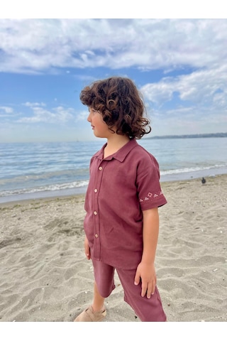 Cigit Kolları Nakışlı Gömlek Şort Keten Takım 2-7 Yaş Mürdüm Mürdüm