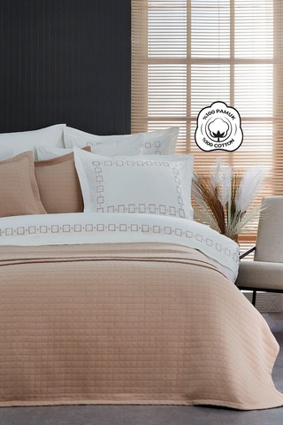 Evlen Home %100 Pamuk Nakışlı Danilo Nevresimli Pike Yatak Örtüsü Çeyiz Seti Otel 9 Parça Krem Bej