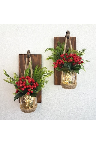 Duvar Dekoru, Led Işıklı, Kokina Yılbaşı Çiçeği, Ceviz Aplik İkili Set