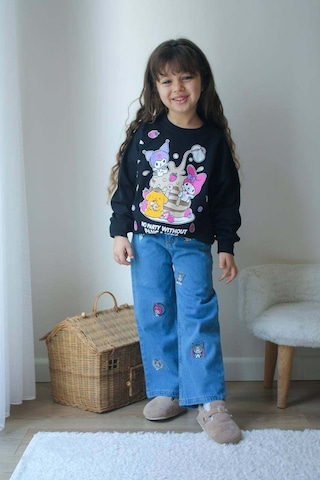 Kız Çocuk Kuromi Modelli Kot Pantolon Nakışlı 2li Takım Siyah