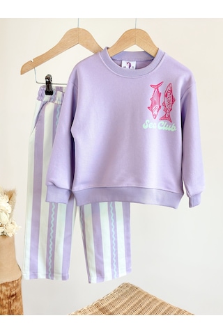 Magu Kız Çocuk Pamuklu Balık Baskılı Lila Sweatshirt Ve Çizgili Pantolon Takımı Çok Renkli