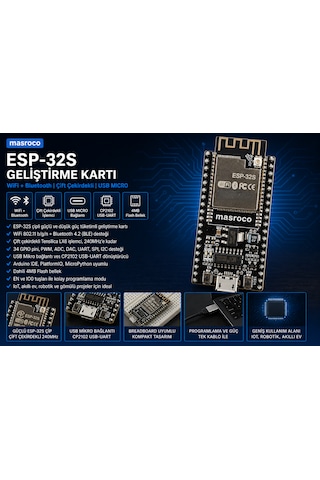 Esp-32s Wifi - Bluetooth Geliştirme Kartı -cp2102 Sma U.fl Ipex Dönüştürücü Ve Usb Kablo Dahil