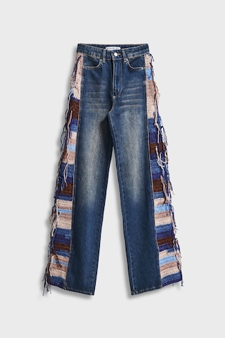 it's basic Kadın Kot Rengi 2w5-8 Flare Palazzo Fit Etnik Örme Detaylı Viskon Kumaş Özel Tasarım Denim Jean Mavi