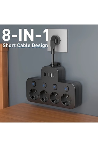 Xuweiwei 8li Güç Şeridi Siyah 4 Ac Çıkış 3 Usb Bağlantı 1 Tip-c Kompakt Duvara Monte Edilebilir Ofis Ev Seyahat İçin Avrupa Standart Fiş