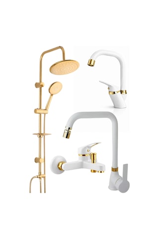 4'lü Beyaz Gold Banyo Lavabo Ve Mutfak Batarya Seti Full Set Diğer