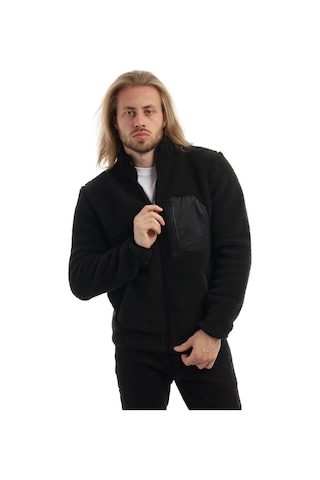 Erkek Dik Yaka Peluş Ceket Siyah