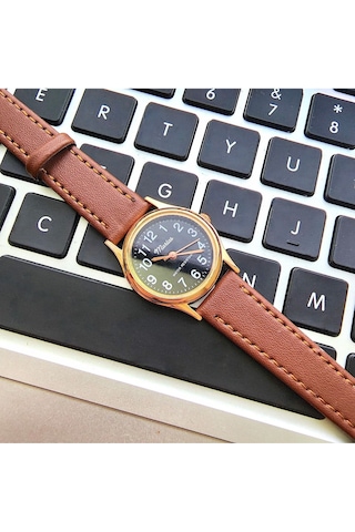 Retro Kadın Deri Kol Saati, Minimal Tasarım, Rose Gold Renk, Vintage Tasarım, Kahverengi Siyah Altın