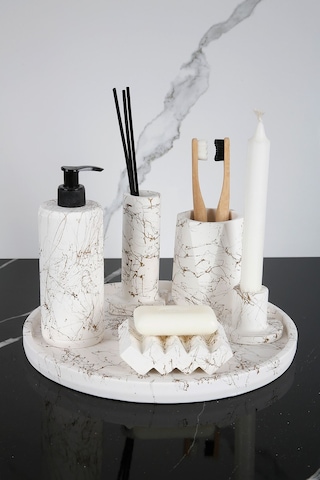 Betonmall 6 Parça Beton Banyo Wc Seti Takımı Katı Sıvı Sabunluk Diş Fırçalığı Tütsülük Mumluk Sunum Tepsisi Beyaz Altın Spreyli Beyaz - Altın