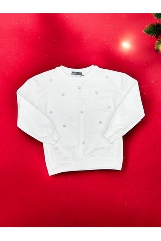 Kız Çocuk Pamuklu İnci İşlemeli İnce Sweatshirt-15007 Ekru