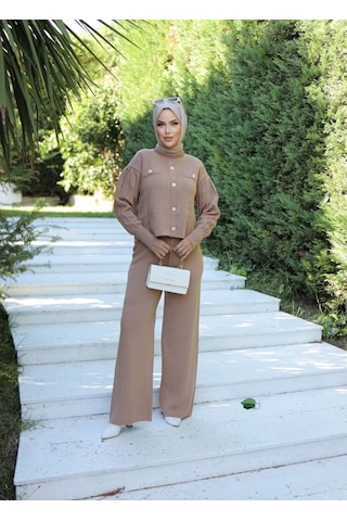 Taş Düğmeli İkili Triko Takım Vizon Vizon