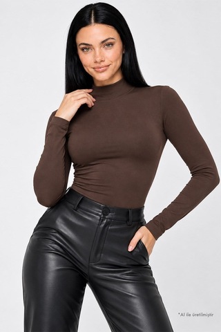 Cottonhıll Premium - Drape Collection Kahverengi Viskon Balıkçı Yaka Uzun Kollu Çıtçıtlı Kadın Bodysuit