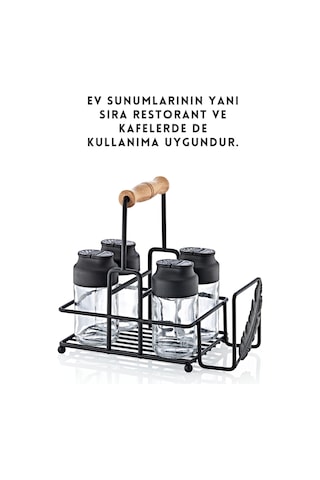 Grimorlife Metal Standlı Peçetelikli Islak Mendil Bölmeli 4'lü Çift Kapaklı Cam Restoran Kafe Baharatlık Seti Diğer