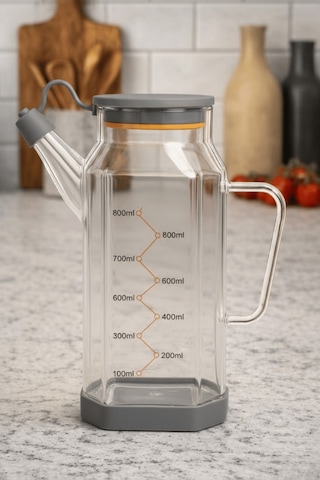 Şeffaf Cam 800 Ml Yağdanlık Sürahi Akıtmaz & Kaymaz Silikon Tabanlı Yağlık - Gri Gri