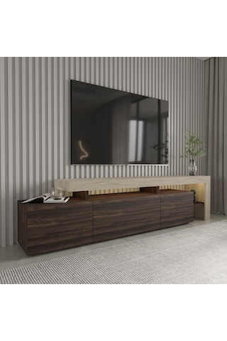 Beliz Modern Led Işıklı 3 Kapaklı, Raflı Tv Sehpası 192 Cm Traverten/ceviz