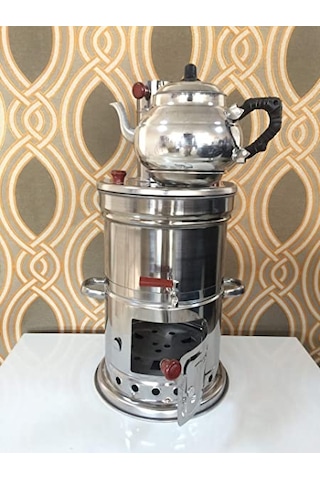 Zarif Iş Krom Odunlu Kömürlü Demlikli 3.5 L Semaver Inox Gri