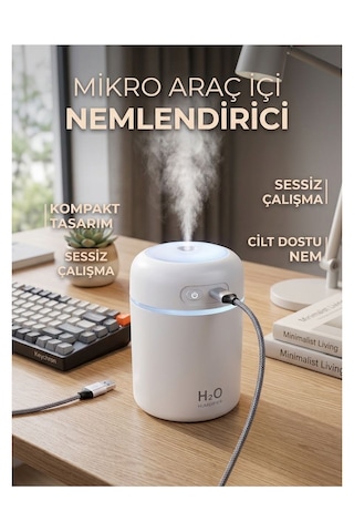 Araç Içi Mini Hava Nemlendirici Led Işıklı Taşınabilir Ultrasonik Buhar Makinesi + 1 Yedek Filtre