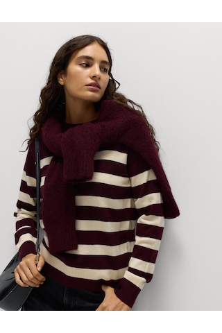 Marks & Spencer Air-yarn Çizgili Yuvarlak Yaka Triko Kazak Bordo