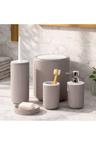 Perotti 33031500001-3 5 Parça Yuvarlak Banyo Seti - Çöp Kovası, Sabunluk, Diş Fırçalığı Ve Silikon Wc Fırçası Taupe-beyaz Beyaz - Kahverengi