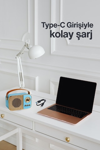 Nostaljik Bluetooth Hoparlör Bluetooth 5.2 Usb & Tf Kart Destekli Led Taşınabilir Speaker Mavi