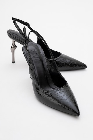 Luvishoes Luvi Shoes Chica Siyah Desenli Arkası Açık Sivri Burun Kadın Topuklu Ayakkabı Siyah Yılan Siyah