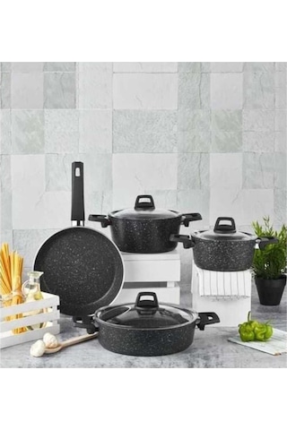 7 Parça Siyah Döküm Tencere Seti Ve Tava Granit Kaplama, Şık Ve Dayanıklı Siyah