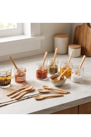 12'li Bambu Mini Kaşık Seti 13 Cm, Baharat, Bal, Reçel, Kahve Ve Servis Kaşığı, Küçük Kavanozlar İçin Doğal Bambu Kaşık Çok Renkli