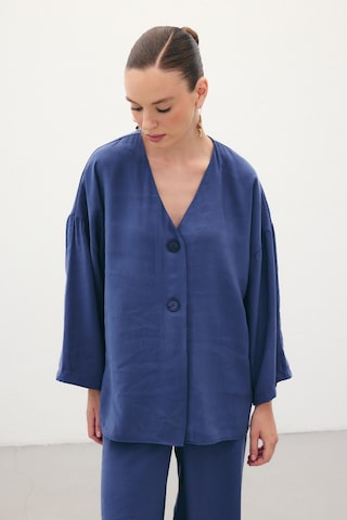 Sateen Düğmeli Kimono - İndigo-136358 İndigo