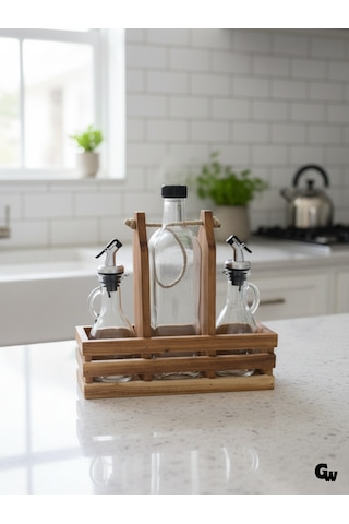 Ahşap Doğal 3lü 2+1 Set Yağdanlık Ve Sosluk Takımı Set Kiraz 1 Set Ahşap