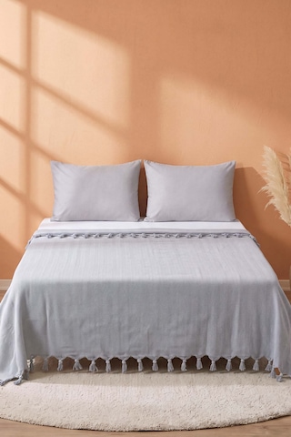 Gri Natural Çift Kişilik Baskılı Pike & Yatak Örtüsü 200x230 Cm