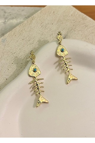 Kılçık Balık Gold Küpe Çok Renkli