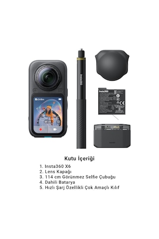 Insta360 X6 Essentials Bundle 8k 50 Fps 360 Aksiyon Kamerası, 2 Batarya, Hızlı Şarj Kutusu, 114 Cm Görünmez Selfie Çubuğu - Midnight Black Siyah
