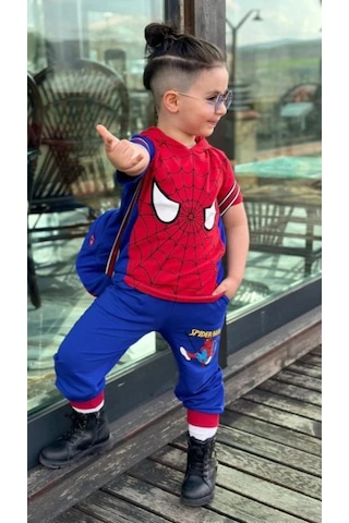 Erkek Çocuk Spiderman Baskılı Kapşonlu Çantalı Üçlü Takım Mavi