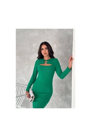Butik İstanbul Kadın Uzun Kollu Halka Ve Pencere Dekolte Detay Fırsat Ürün Midi Boy Elbise Yeşil