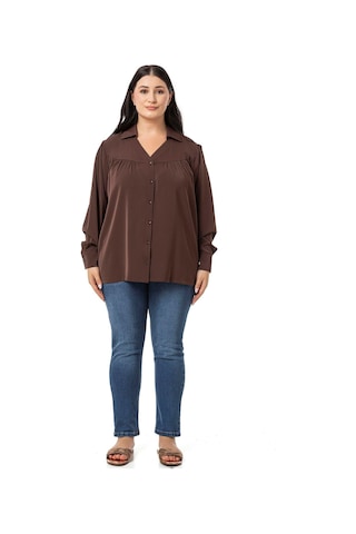 Büyük Beden Yakalı Önü Büzgü Robalı Uzun Kol Kahverengi Gömlek-kahverengi Kahverengi
