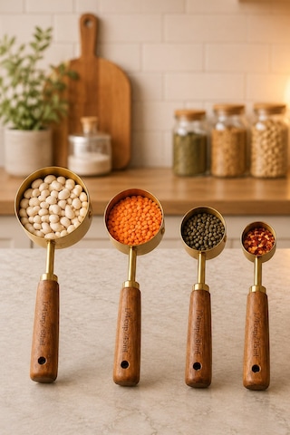 4lü Set Ml Ahşap Saplı Gold Kahve Ölçü Kaşığı Paslanmaz Çelik Kahve Çay Mama Ölçme Kaşığı Altın