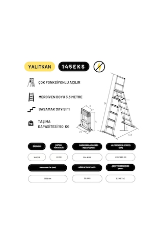 3.3 Metre Kevlar Yalıtkan/Yüksek Gerilime Dayanıklı Çok Fonksiyonlu Merdiven 20ACKV – 145EKS