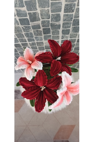 35 Cm- Saksılı Solmaz Yapay Çiçek - Geçmiş Olsun Çiçeği , Anneler Günü , Ev Hediyesi Beyaz - Bordo