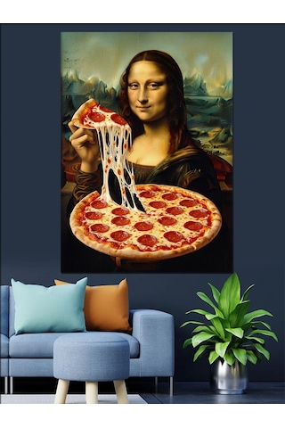 Pizza Yiyen Mona Lisa Portresi Dekoratif Kanvas - Mdf Ahşap Tablo